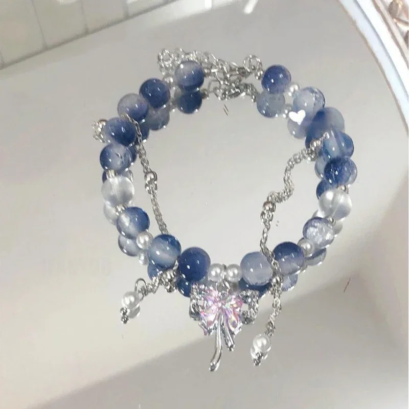 Light Luxury Blue Glass Crystal Beaded Bracelet, Chic Gift