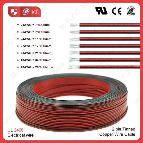 Cables eléctricos de 2 pines de 5m-100m UL2468 28/26/24/22/20/18/16 AWG Cable rojo negro Cable de altavoz para Audio de coche LED conector JST de 12V