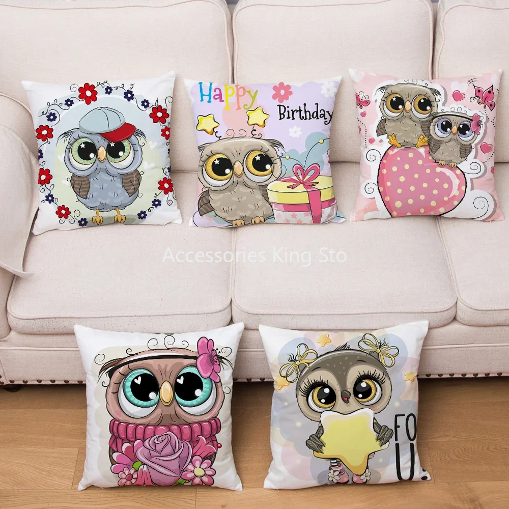 

45X45cm Polyester Cushion Cover Cute Cartoon Owl Print Pillow Covers Soft Square Pillows Cases Home Decor Pillowcase