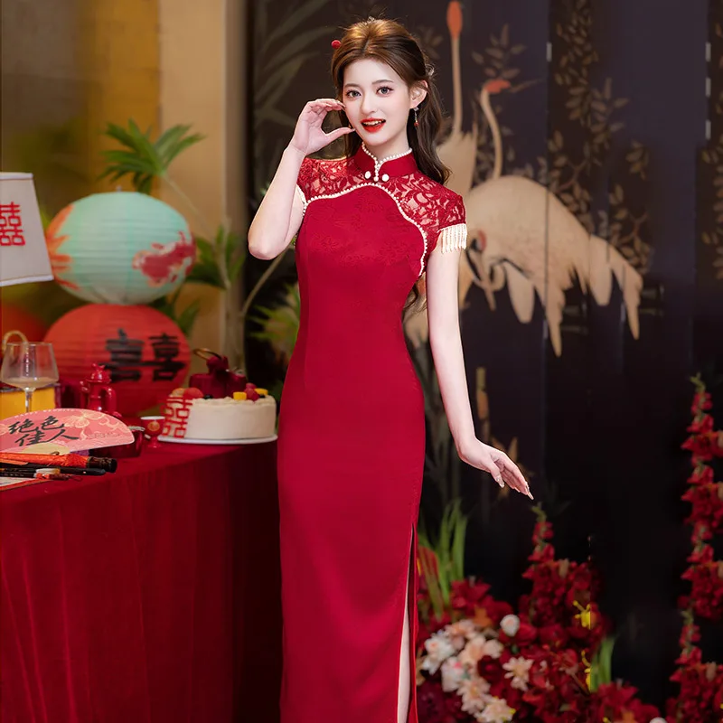 Red Lace Cheongsam Short Sleeve Improved Vintage Fishtail Dress Women Wedding Costumes Qipao S To XXXL