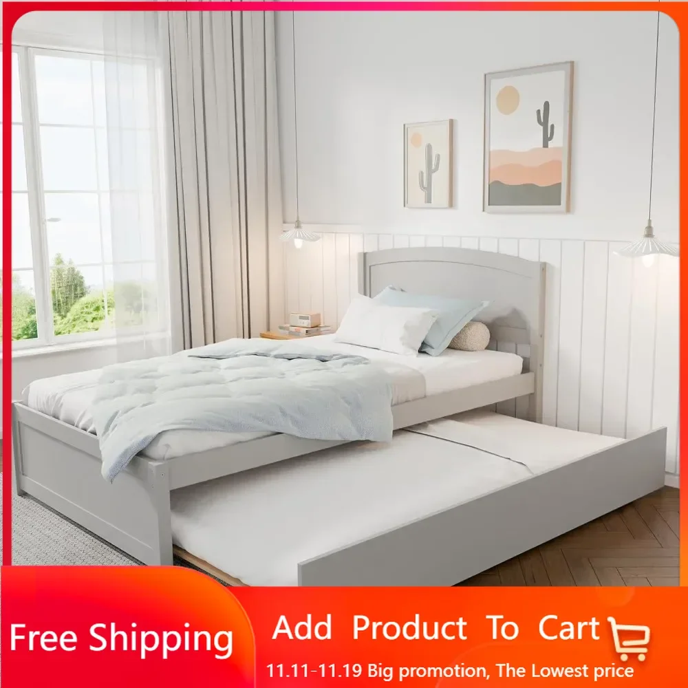 Daybed with Trundle, Twin Size Pull Out Bed, Solid Wood Extendable Day Bed with Trundle Bed Twin, Include Slat Support