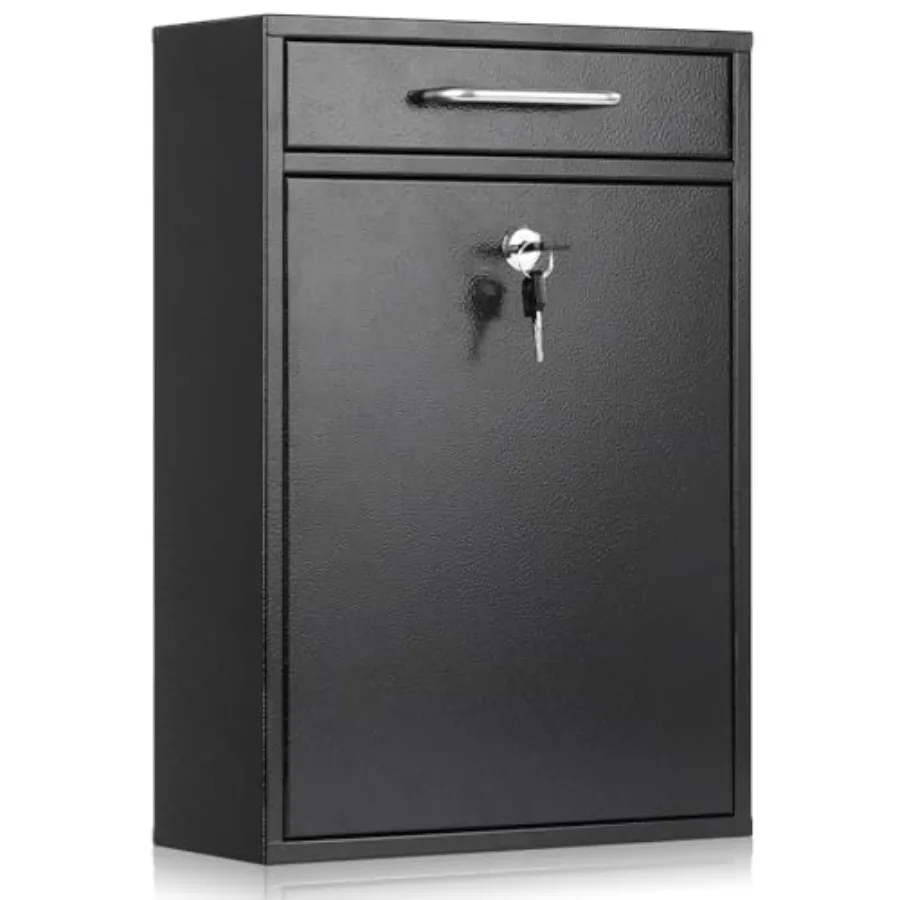 

Metal Mailbox Wall Mount, Locking Mailbox with Key Lock, Hanging Secure Postbox, Security Key Drop Box, Collection Boxes, Black