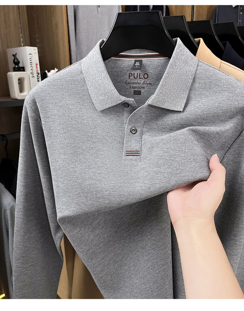Hochwertiges Langarm-Poloshirt aus 100% Baumwolle für Herren, neue Luxus-Modemarke, Frühling/Herbst, luxuriöser Komfort, lässiges Business-T-Shirt. – Detail 29