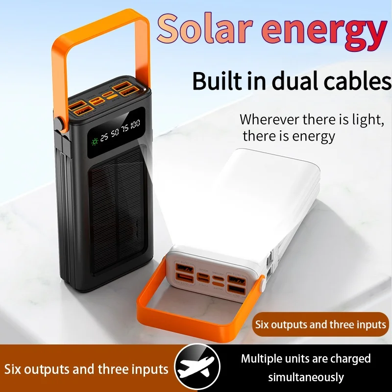 

200000mAh Solar Power Bank High-capacity Built-in Cables External Battery LED Light Power Bank For iPhone Samsung Xiaomi 2025