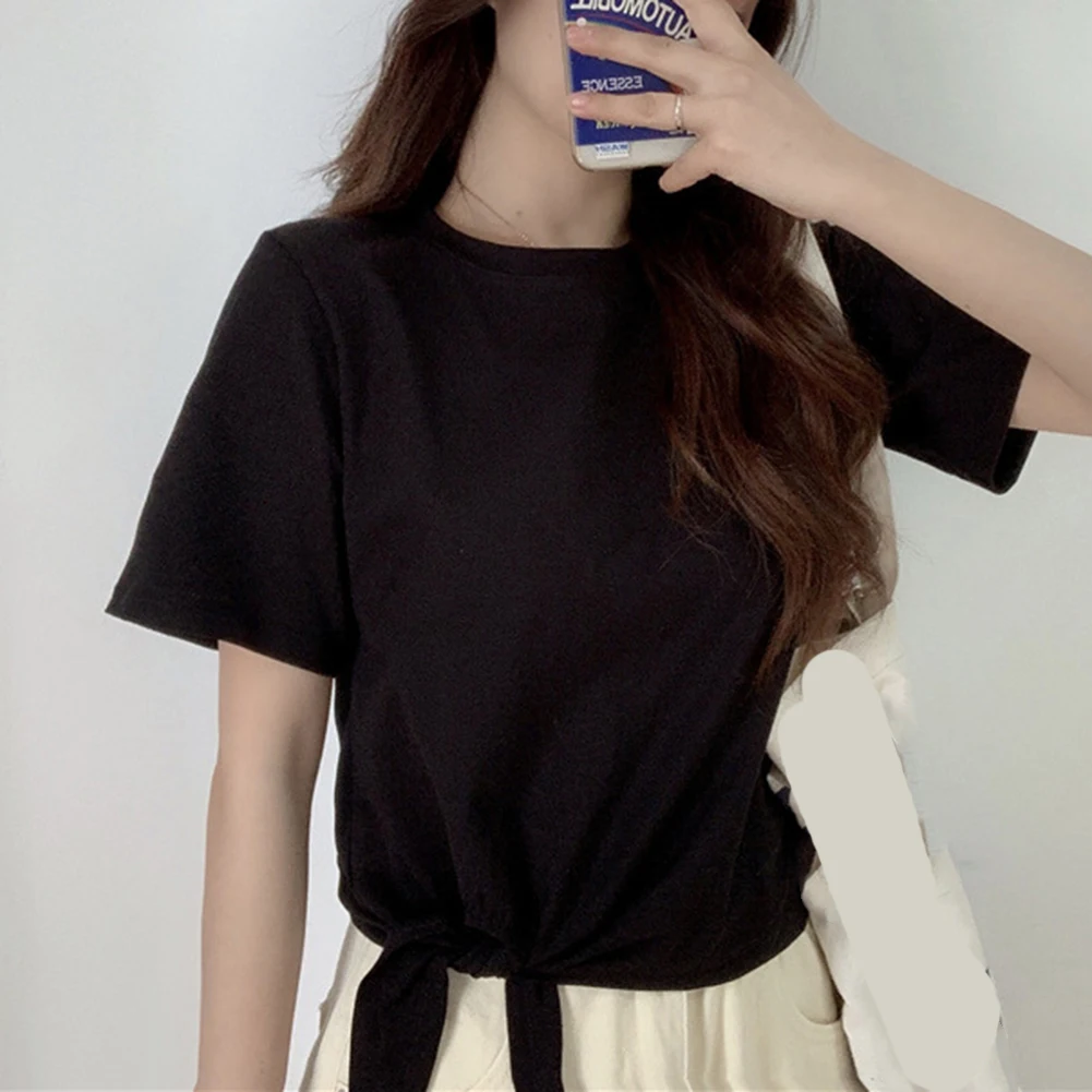 

Черная футболка с высокой талией, летняя модная футболка 2025 г., женская одежда, повседневная одежда с коротким рукавом, повседневная одежда, полиэфирная ткань