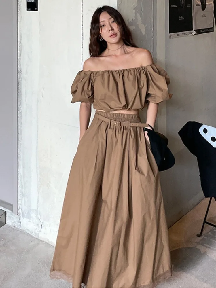 

Summer New Women's ort High Waist A-Line Skirt Set Folded Collar Dstring irt Retro Sle Comfortable Fit Casual Wear