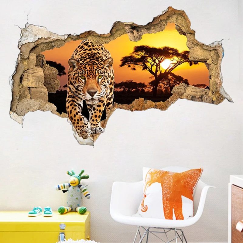 Agile Leopard Animal Poster Old Tree Sunrise View Vinyl Wall Hole Art Mural Stickers Home Decoration for Living Room Bedroom