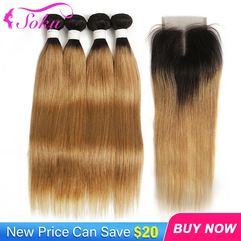 T1B/27 Ombre Blonde Faisceaux De Cheveux Humains Avec Fermeture 4x4 SOKU 3/4PCS Droite Brésilienne Remy Cheveux Tisser des Faisceaux Avec Fermeture