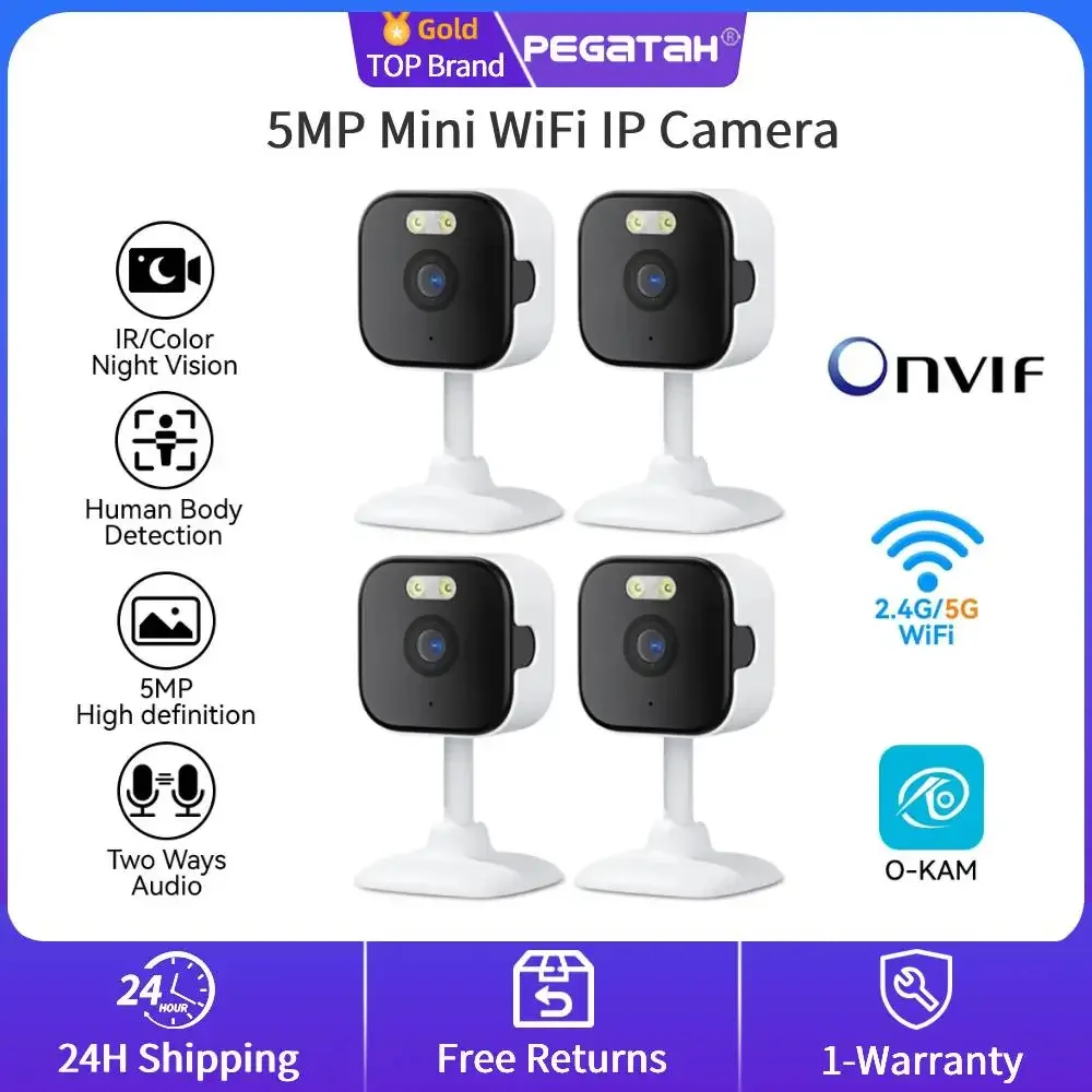 1-4PC 5MP Mini WiFi IP Camera Indoor Human Detection 5X Zoom Surveillance Baby Monitor CCTV PTZ O-Kam pro App Support SD Card