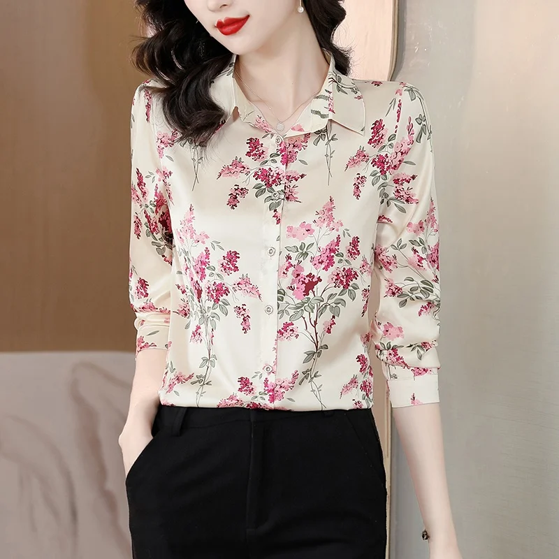 

Ele Silk Printed irt Женская брендовая одежда премиум-класса с воротником Long Sve Slim Fit Chinese Faion Age-Defng Clothing