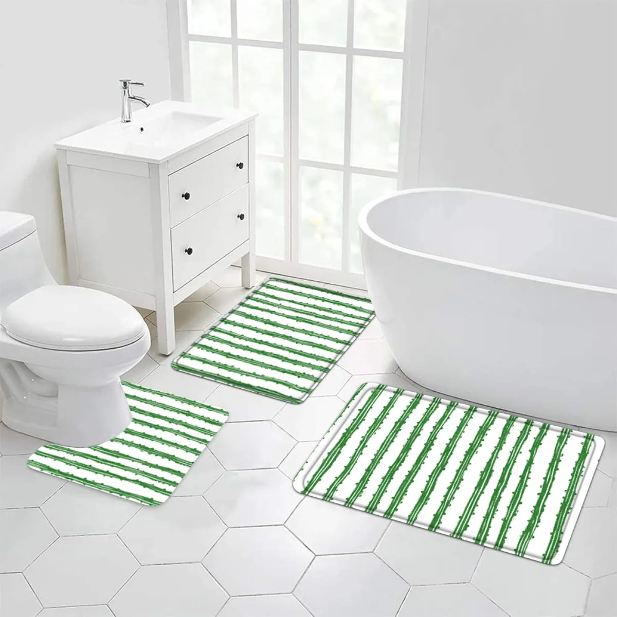 Fresh Green Striped Bathroom Mat Set 3 Piece Luxury Bath Rug Home Decor Accessories Spa Toilet Mat