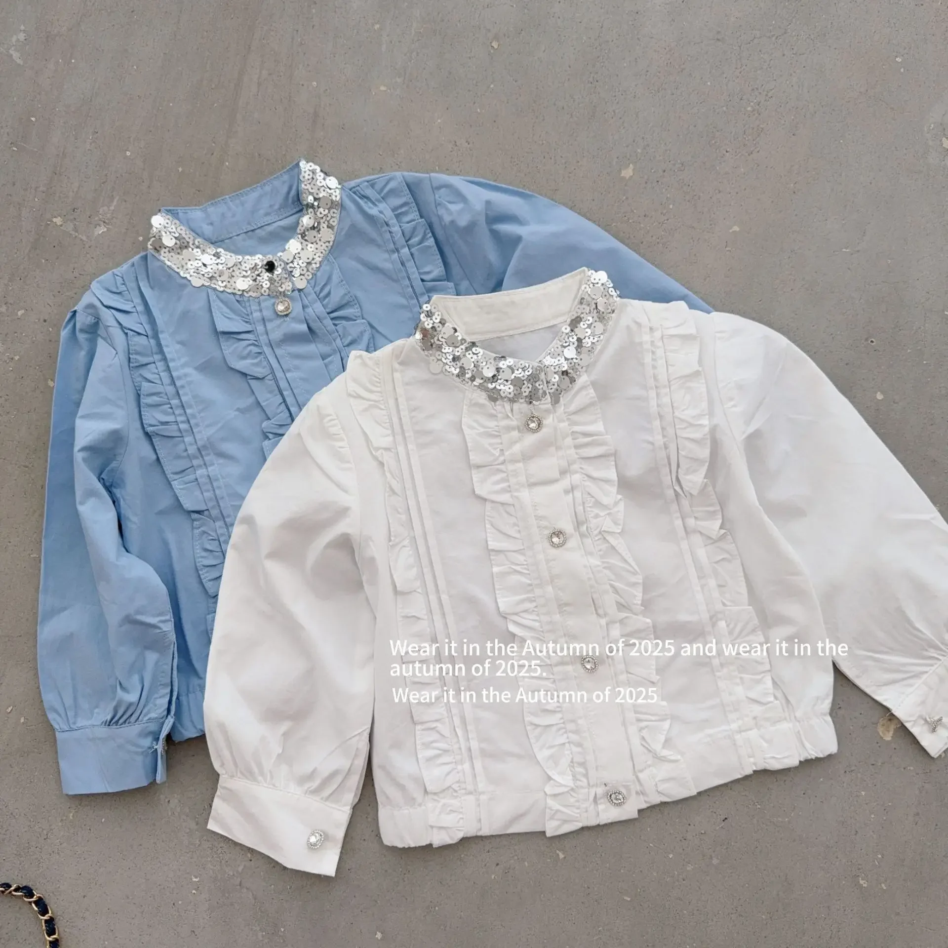 

Girls Shirt 2025 Autumn New Children's Clothing Korean Style Girl Baby Retro Style Sequin Stand Collar Long-sleeved Shirt Casual