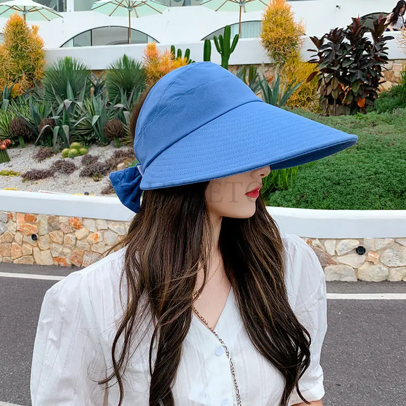 New Women Bucket Solid Color Soft Cotton Wide Brim Outdoor Foldable Sun Hats Beach Big Bows Panama Caps Ladies