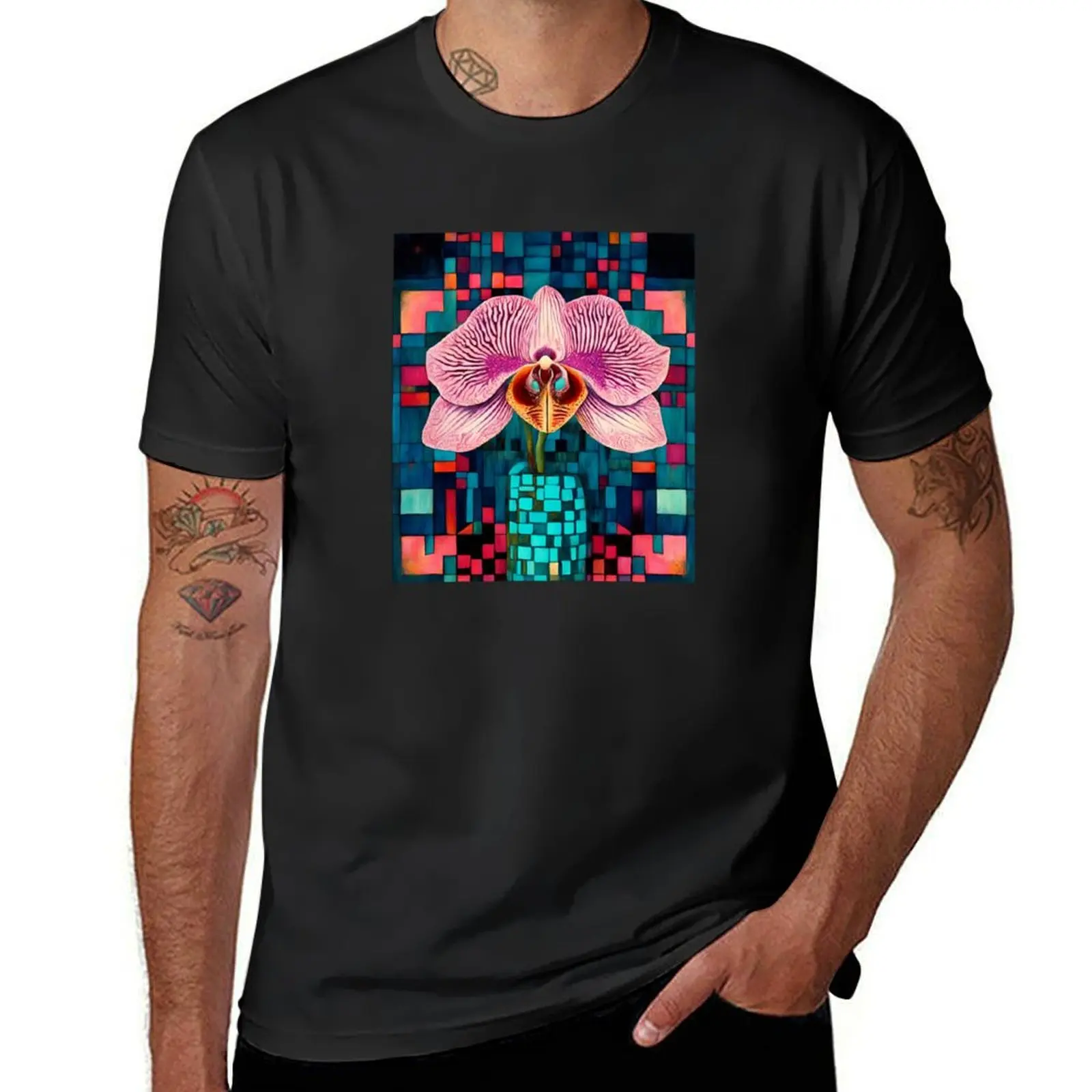 Beautiful orchid on a checkerboard background in turquoise and pink tones. T-Shirt plain tops clothes for men