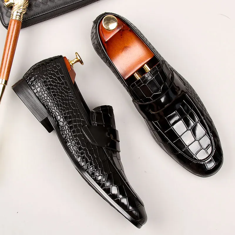 

Italy Men Round Head Loafers Genuine Leather Crocodile Pattern Slip On Dress Shoe Men Wedding Casual Black Burgundy Oxford Shoes