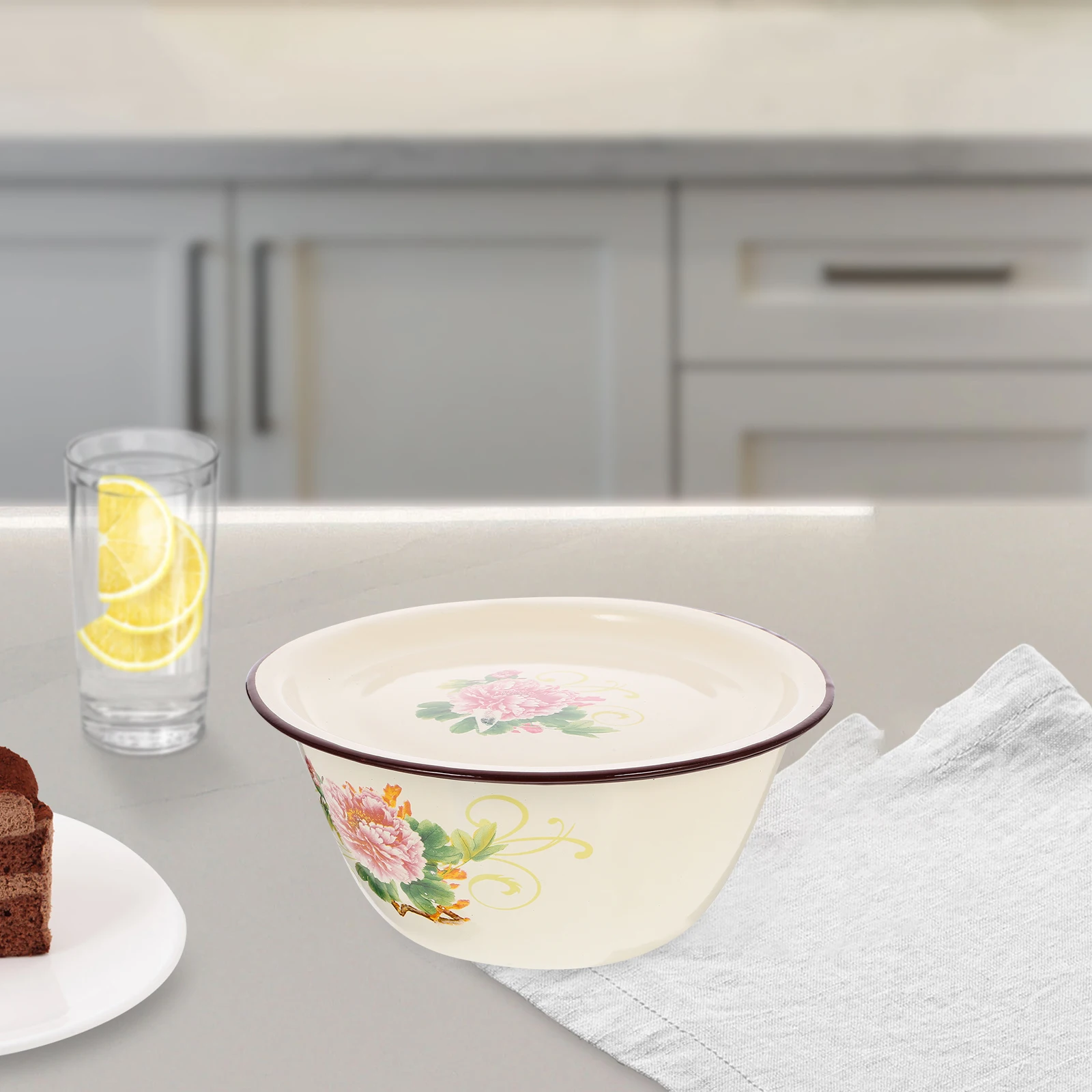 

1Set Enamel Bowl with Lid Multi Functional Retro Soup Basin for Washing Rice Fruits Vegetables Mixing Eggs Dough Making Kitchen