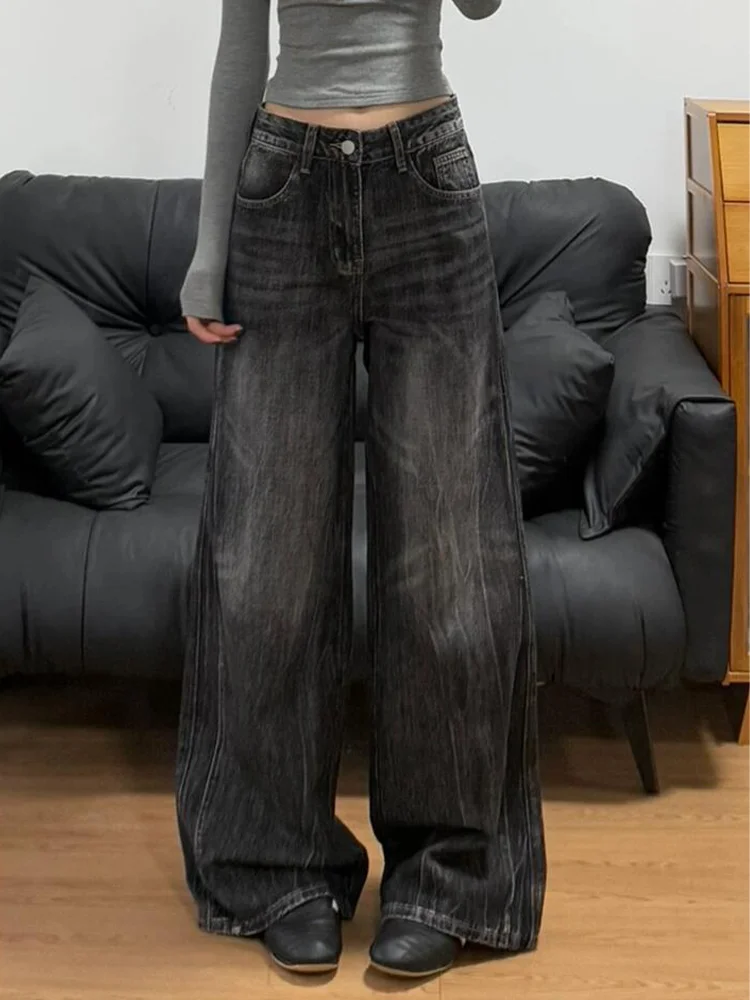 

High Waist Wide Leg Jeans Women's Loose Fit Straight Washed Denim Pants American Style Retro Slimming Autumn Seasonal Wear