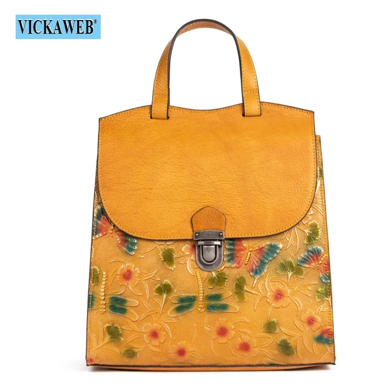 VICKAWEB Women Leather Backpacks Woman Hasp Flowers Fashion Backpack Lady Travel School Bag Female Monogram Business