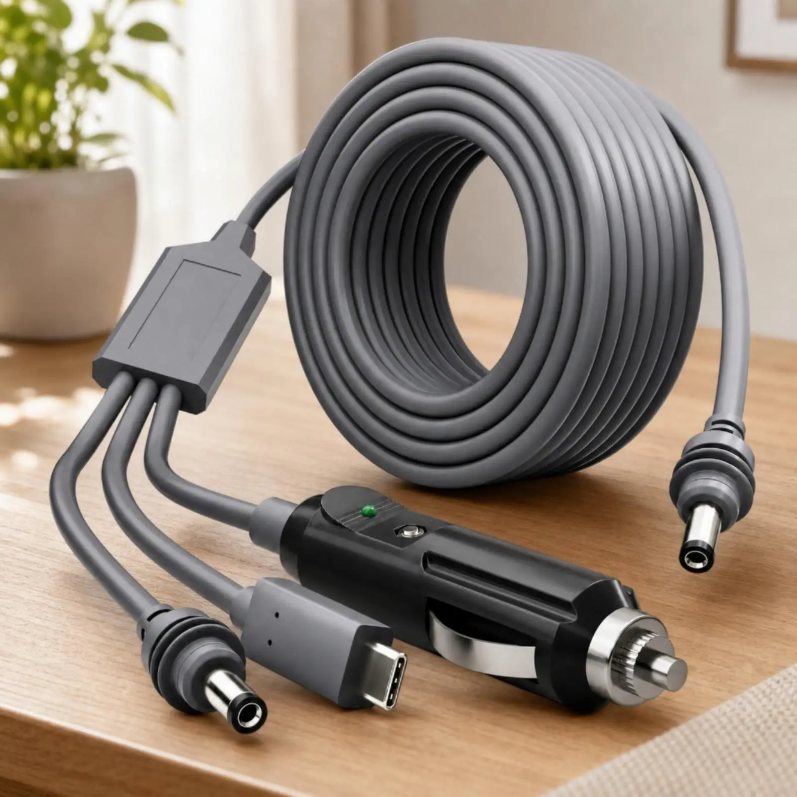 Car Socket Power Cable with Molded Connectors and Light Indicator for USB C and DC Accessory Use