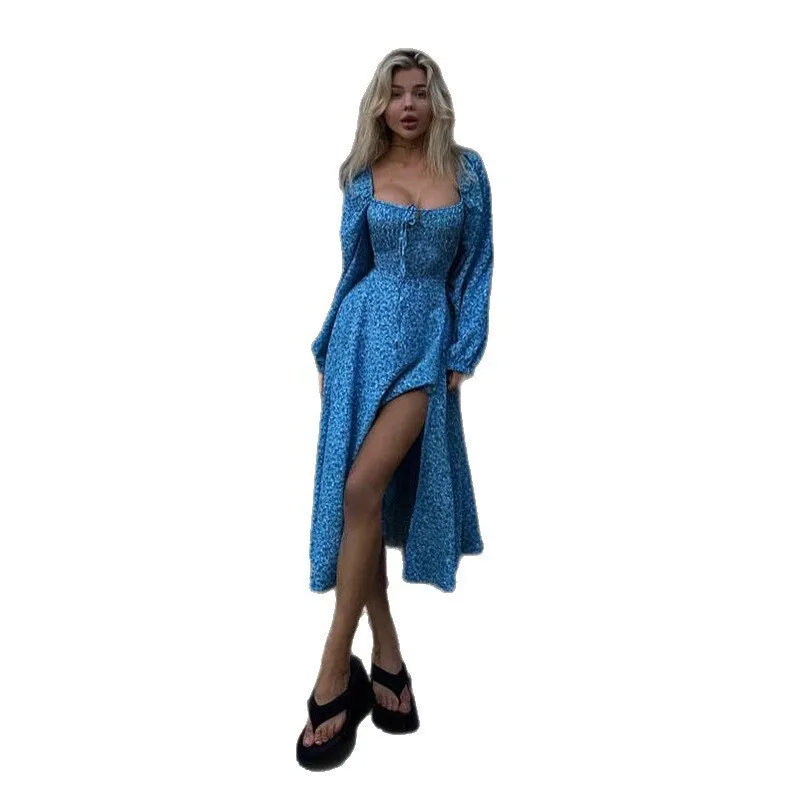 YL25263 Abito lungo da ragazza calda con scollo quadrato stampato e spacco sexy floreale stile vacanza francese