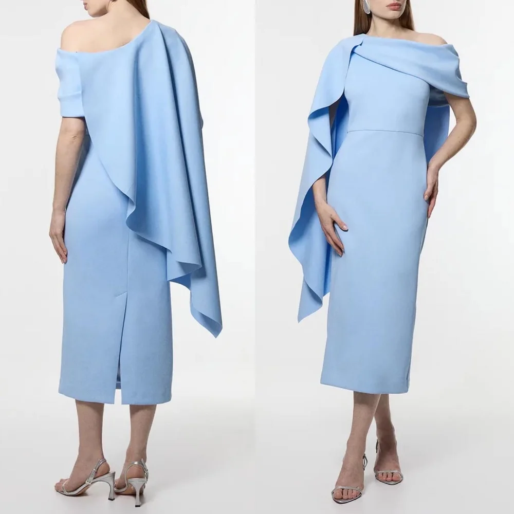 

Customized High Quality Classic Jersey Draped Straight Off-the-shoulder Tea Length Dresses Bespoke Occasion Dresses Modern Style