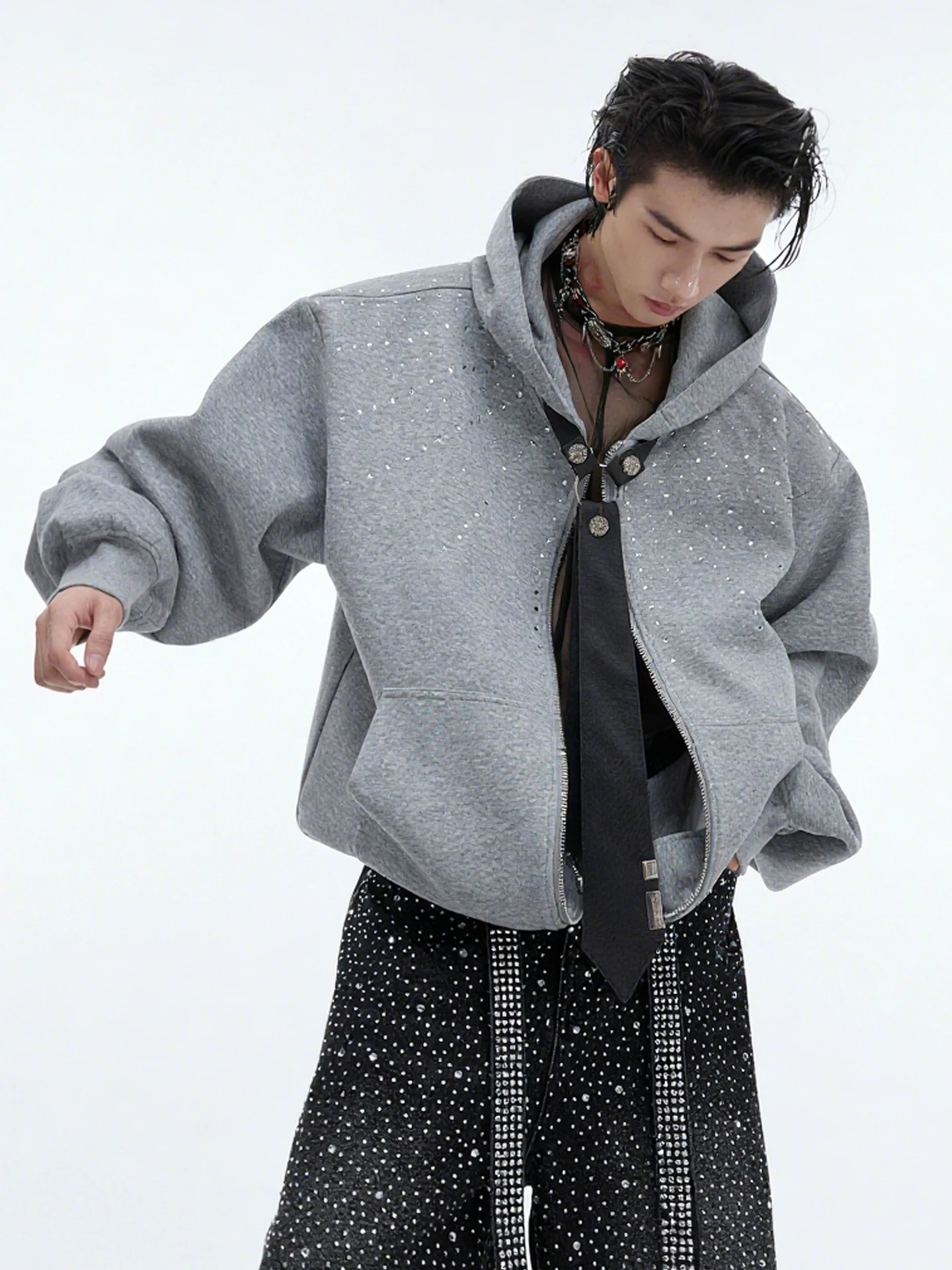 2025 New Fashion Trendy Design Starry Heavy Rhinestone Hooded Cardigan for Men Autumn Loose Handsome Casual Zipper Jacket Coat