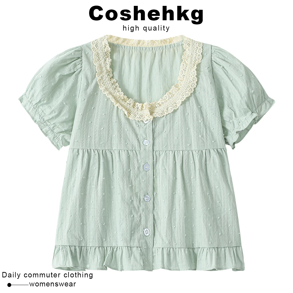 

Coehkg Summer New Loose Bubble Sve Ruffle Lace Trim round Ne irt Women's Faion French Sle Button Detail irt