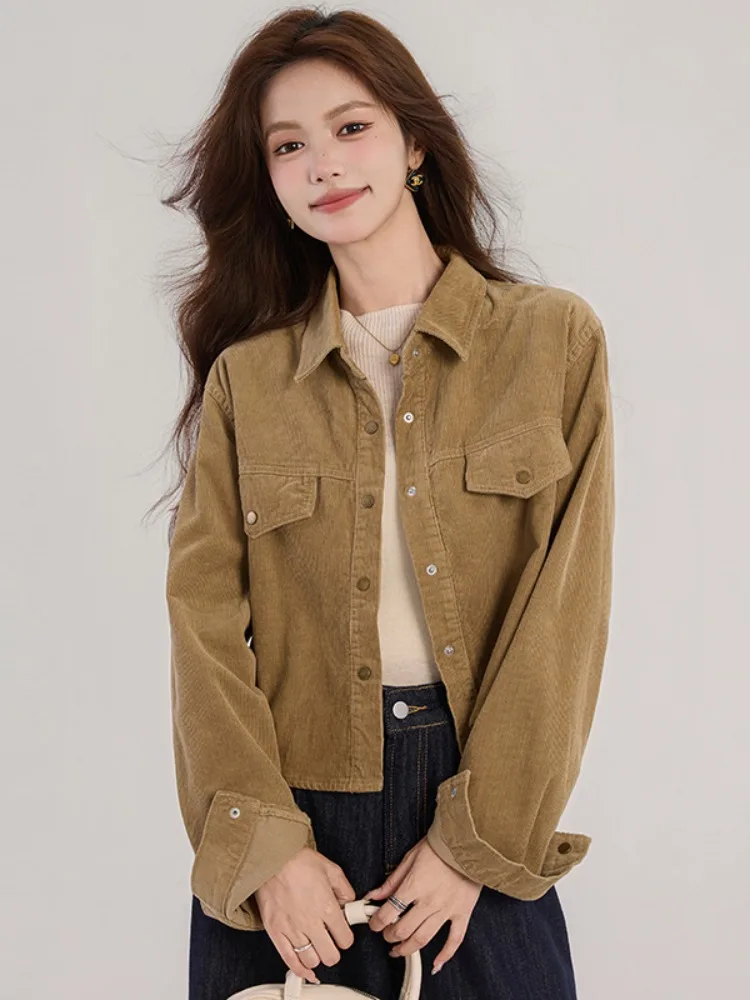 여성용 코듀로이 셔츠 루즈핏 다용도 가을 겨울 신상 캐주얼 하이 센세이션 스몰 사이즈 탑