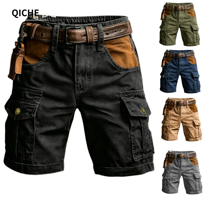 QICHE Men 100% Cotton Color Block Cargo Shorts Multi Pockets Casual Outdoor Short Pants