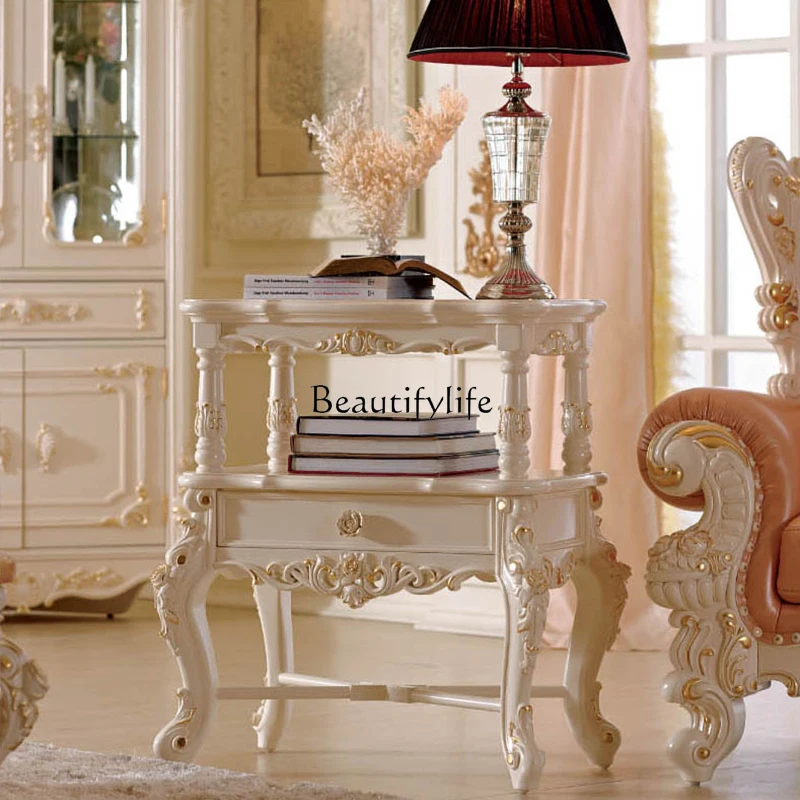 

European-style carved corner table living room ivory white gold-painted small coffee table retro furniture