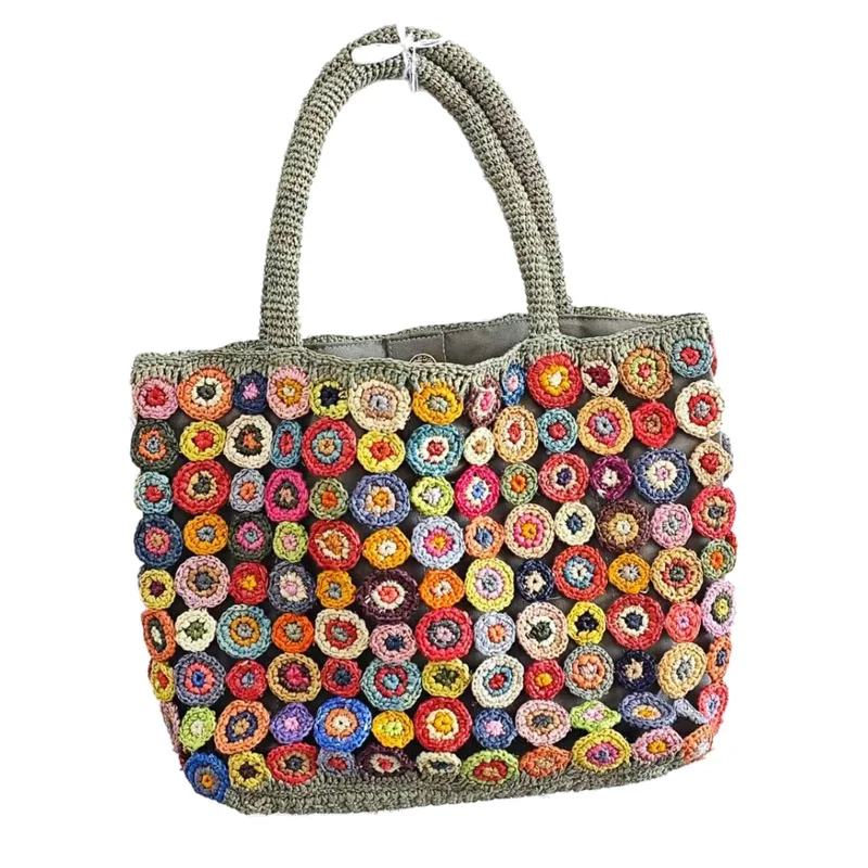 Bolso Tote de Rafia Colorido para Mujer, Bolso de Hombro de Paja Hecho a Mano, Bolso de Playa de Verano, Bolso de Vacaciones Boho de Gran Capacidad