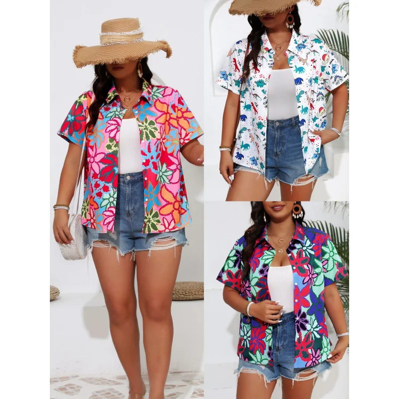 

2025 European and American Plus Size Women's Summer Soft Cool Digital Print Button-Up Short Sleeve Shirt