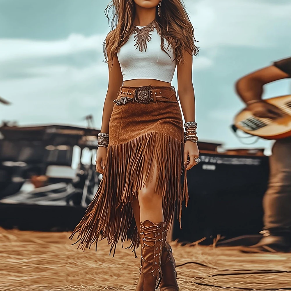 Women's Boho Western Faux Suede Fringe Skirt Vintage High Waist Irregular Tassel Hem Summer Music Festival Fashion Mini Skirts