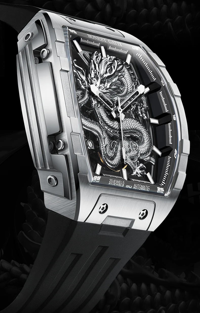 BONEST GATTI Men Automatic Watch 43*50mm Tonneau Mechanical Wristwatch Sapphire Luminous Dragon Dial Fluororubber Strap