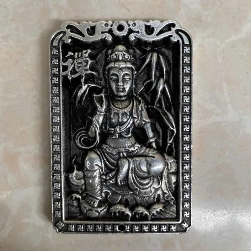 

Antique Copper Silver Plated Zen Ornament Avalokitesvara Bodhisattva Relief Waist Plaque talisman Buddhist supplies