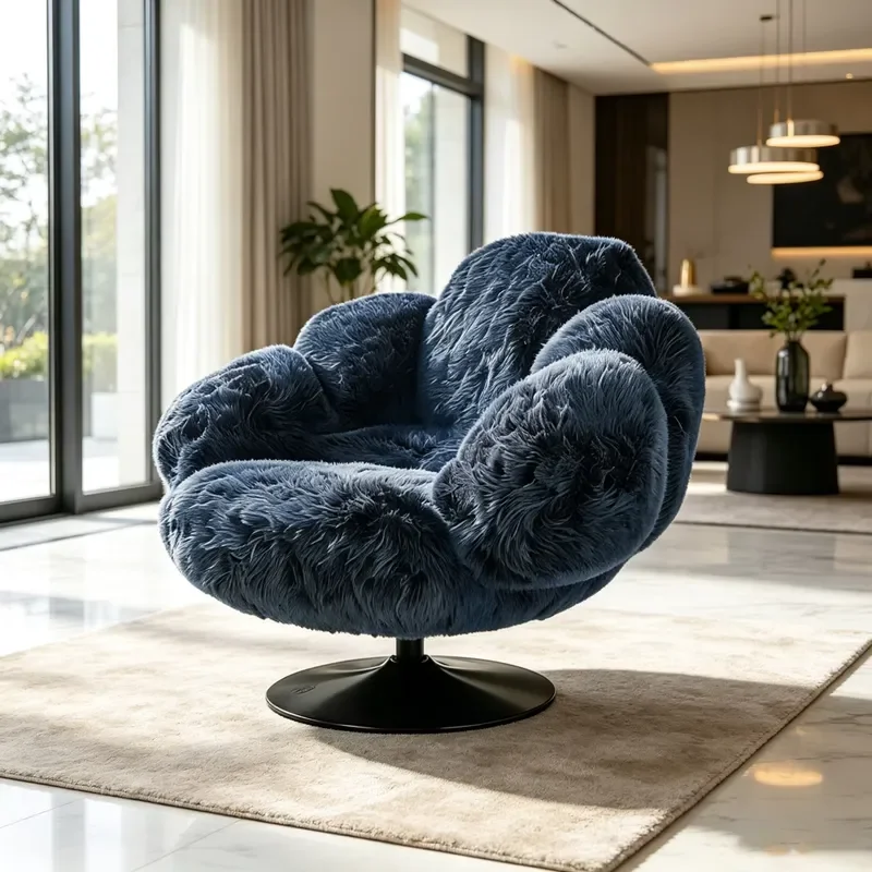 Dark Blue Furry Flower Decorative Chair Single Casual Sofa with Fixed Black Metal Base for Living Room