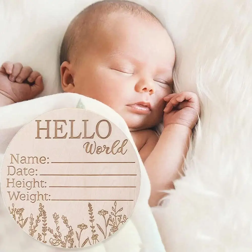 1pc Wooden Hello World Birth Announcement DIY Sign Wood Baby Milestone Card Recording Cards Baby Photography Props Birth Cards