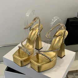 Eilyken Street Style Summer Open Toe Women Sandals Platform Ultra Square Heel Nightclub Buckle Strap Gold Silver Ladies Shoes