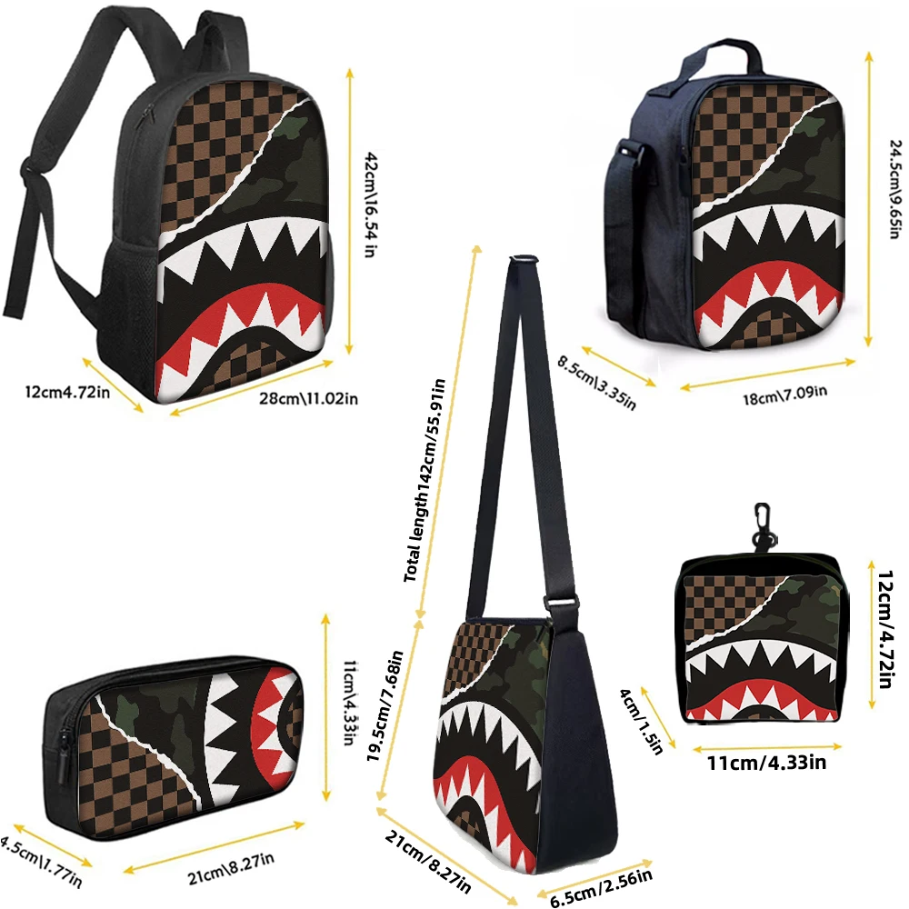 1/2/3/4/5PCS Trendy Shark Graphic Backpack Set | Perfect for School & Daily Adventures