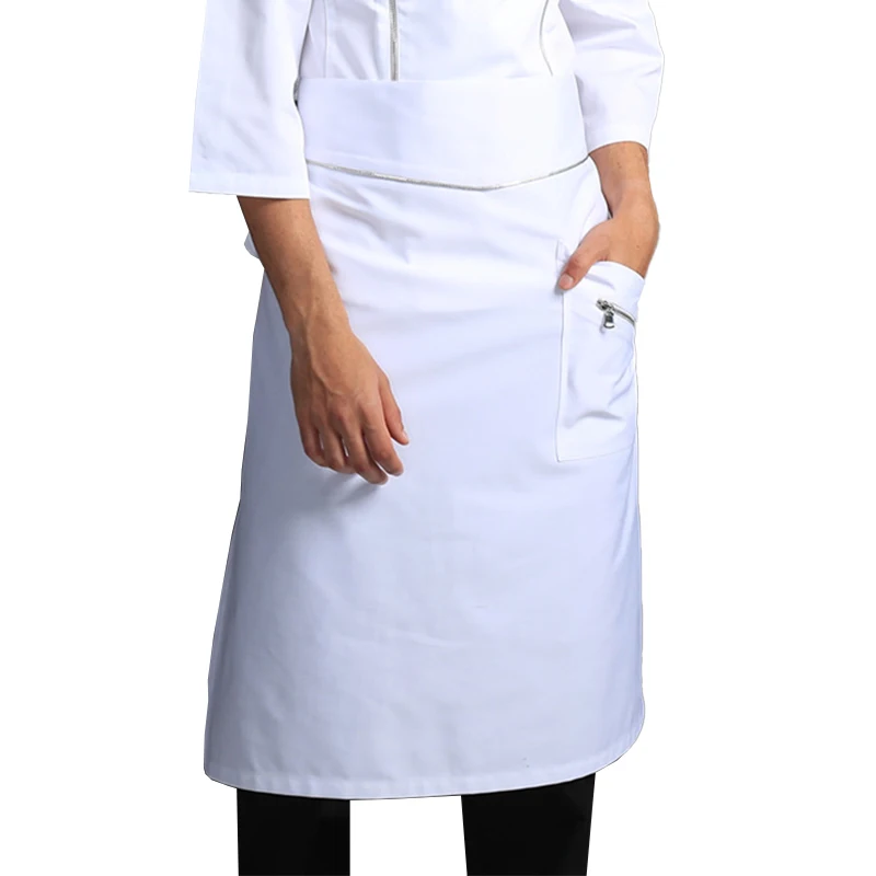 Chef Half-Length Apron With Zip Pocket Hotel Kitchen Special White Pinafore Restaurant Cook Waiter Adjustable Short Aprons