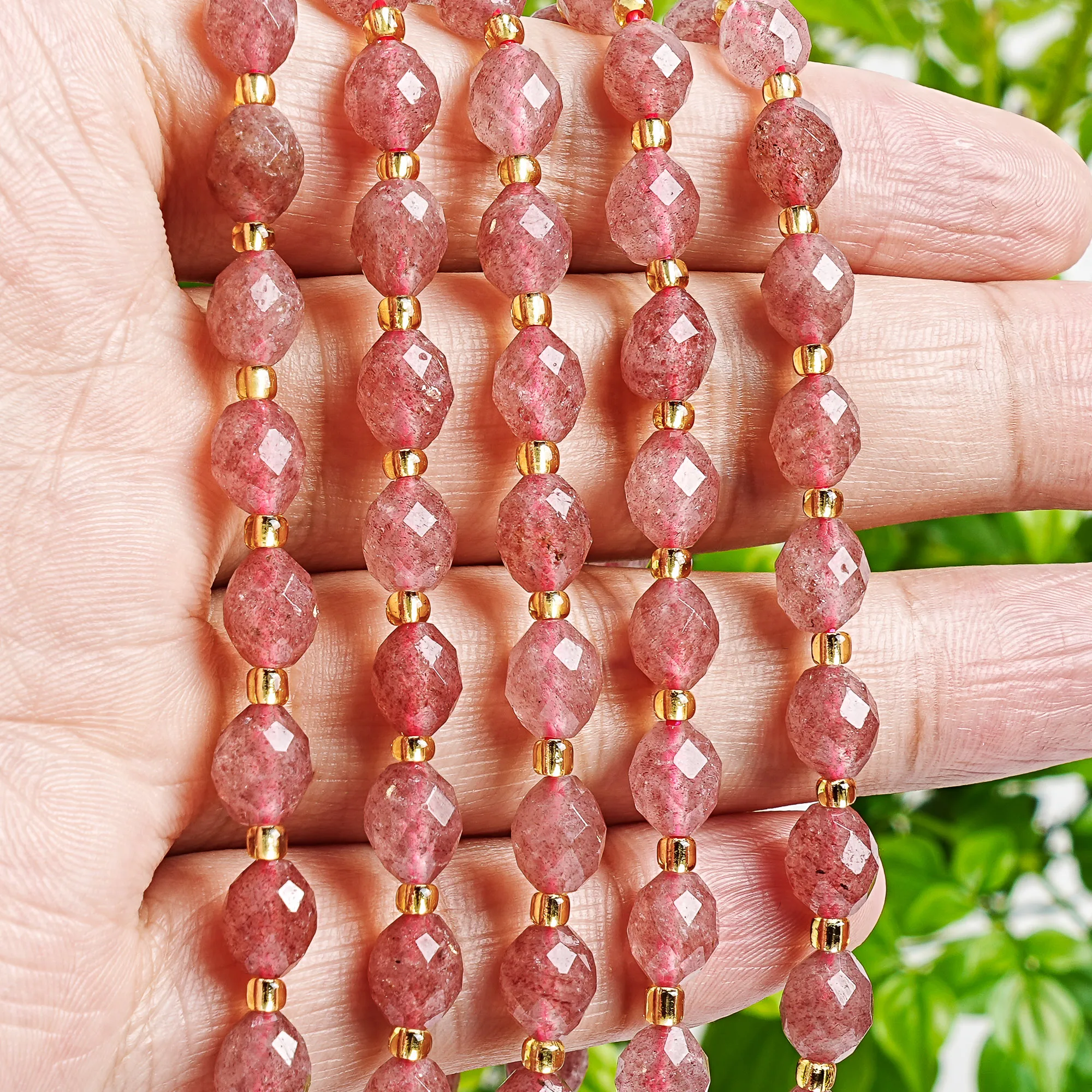 Natural Faceted Strawberry Quartz Beads 8mm Pink Red Rhombus Cut Loose Beads for Jewelry Making DIY Bracelet Necklace Supplies
