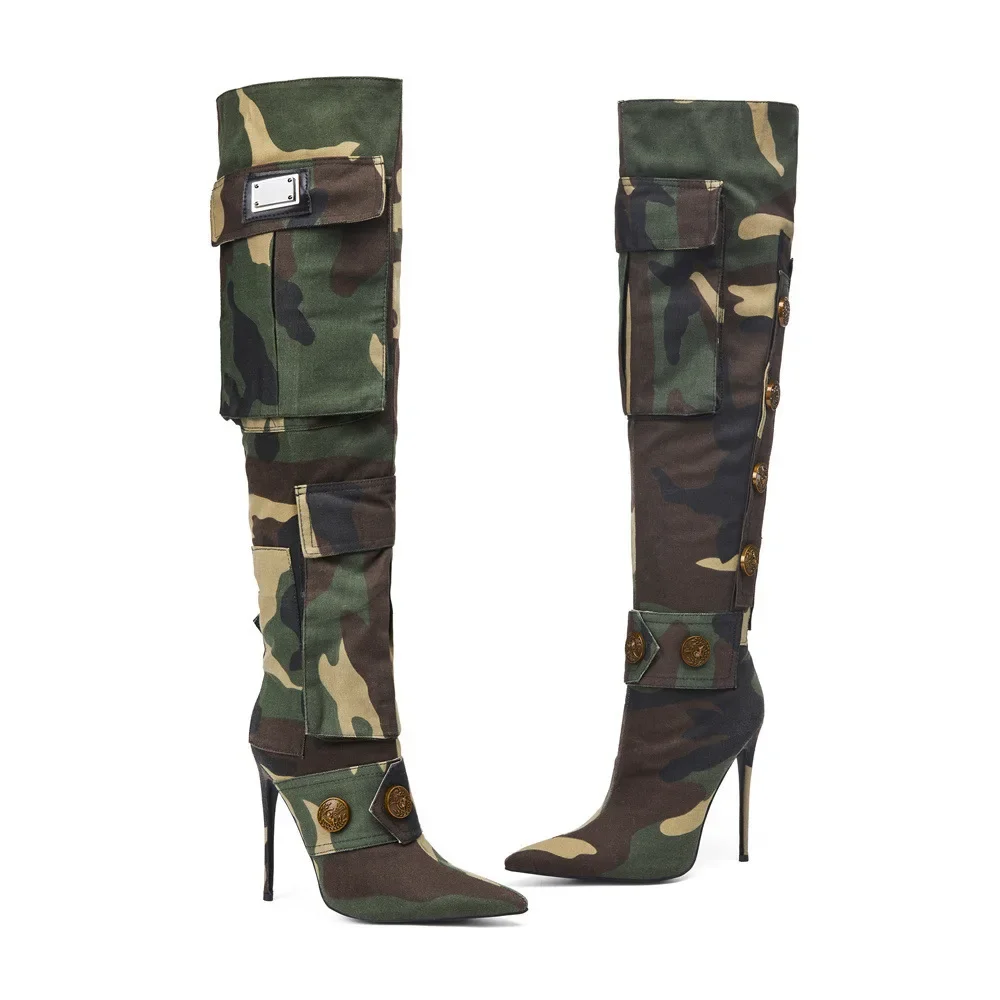 Motorcycle Women's Long Boots GTreen Denim Over The Knee Boots Pointed High Heels Camouflage Rivets Exclusive Fashion Large Size