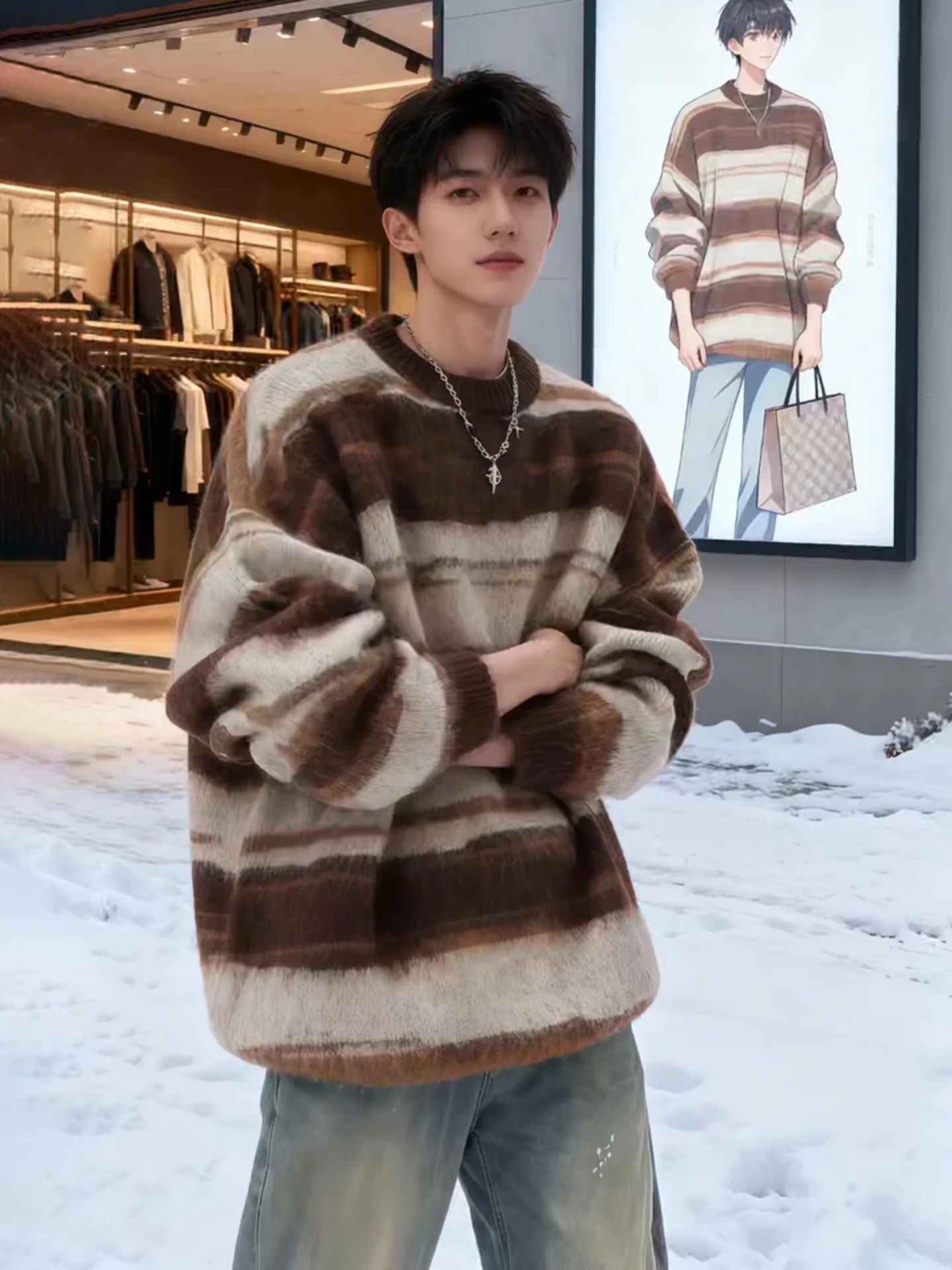 

Мужской вязаный свитер в американском ретро-стиле с круглым вырезом, зимний, модный, в полоску, для пар, верхняя одежда, из полиэфирного волокна