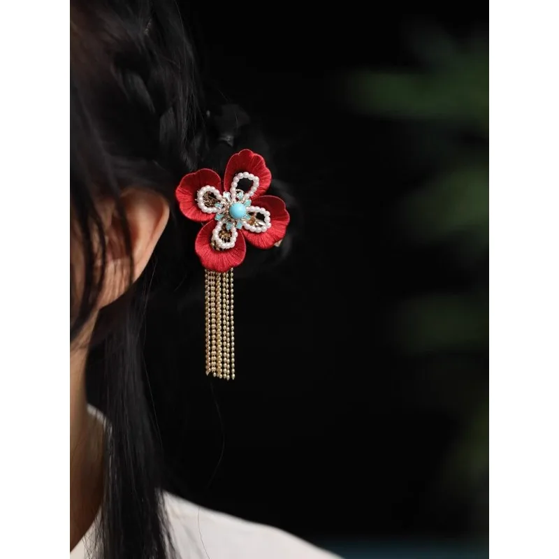 Handmade Chinese Wrapped Flower Ruyi Red New Year Tassel Side Hair Clip Girlish New Style Daily Wear Jewelry Gift for Women
