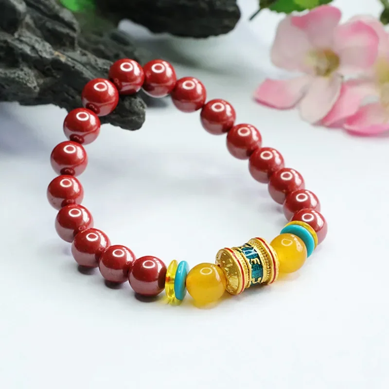 

Natural Cinnabar Bracelet Emperor Sandstone Prayer Wheel Bracelet Degaussing Radiation-Proof Wealth Good Luck Amulet Jewelry