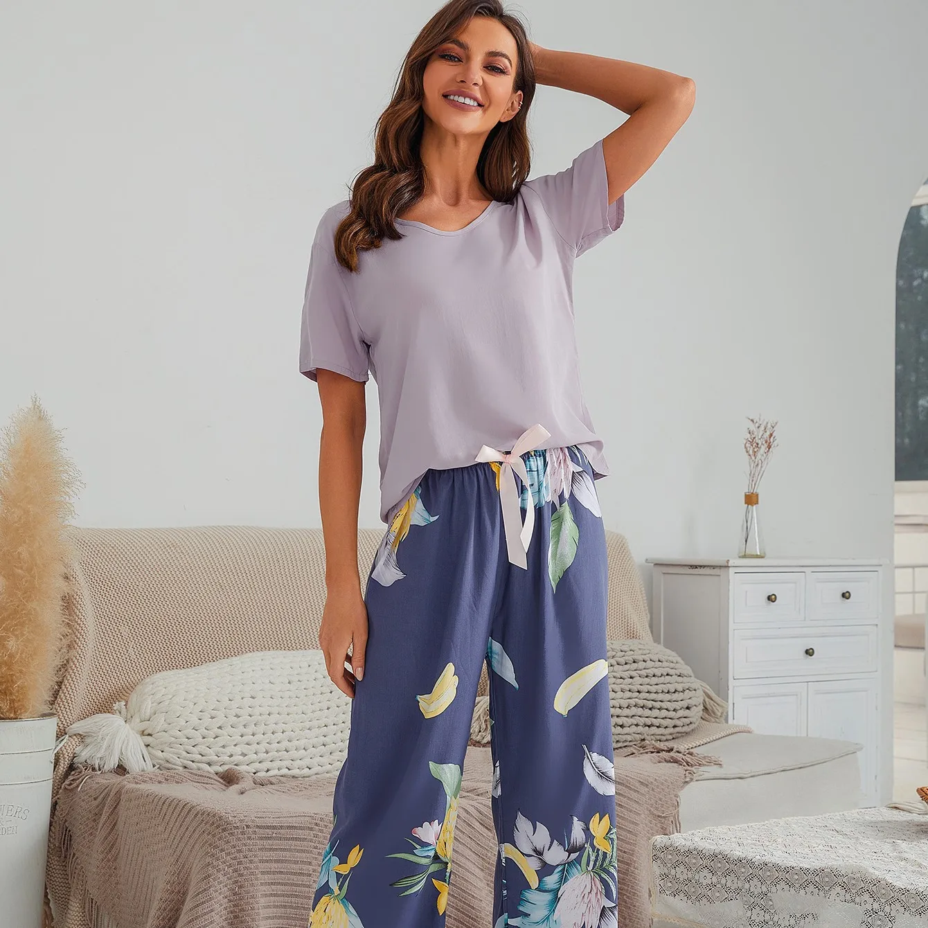 Viscose Women Pajamas Set T-Shirt Wide Leg Pants Pijama Female Loose Suit Casual Home Wear Nightwear S-3XL loungewear