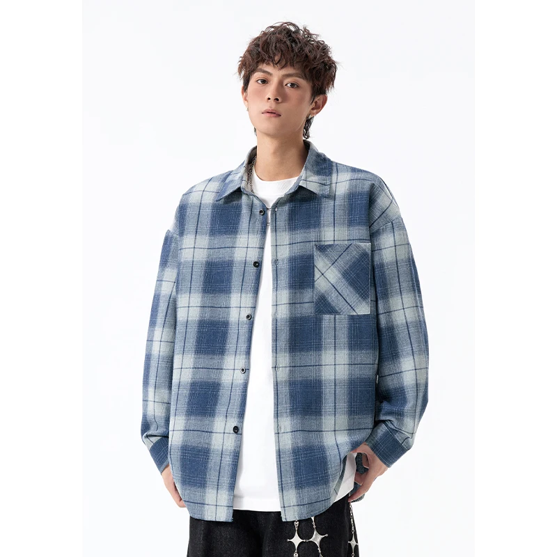 

Мужская куртка-рубашка оверсайз Release | Винтажный шиферно-синий клетчатый узор | Тяжелый рукав с длинным рукавом (M-5XL)