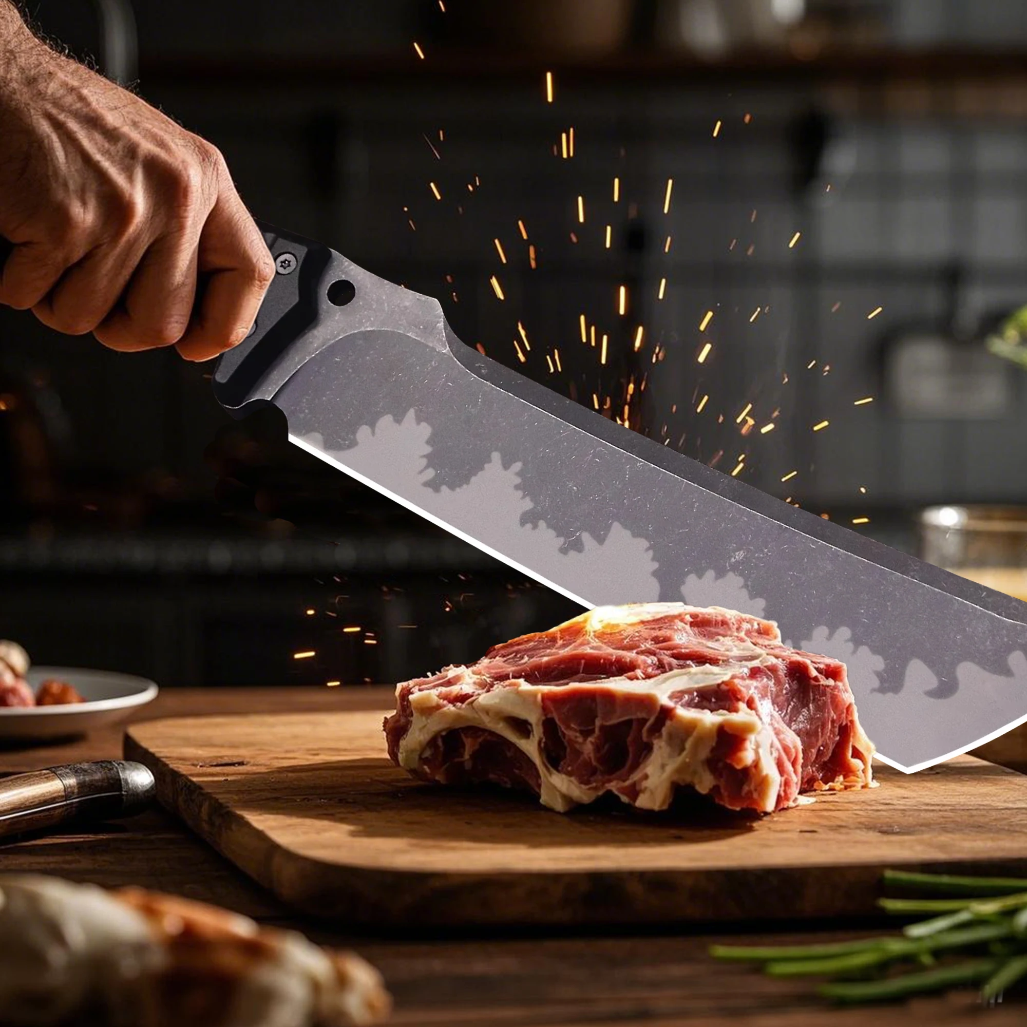 U.S.A 14-inch kitchen chopping knife, DC53 steel all-Tang multi-purpose chef\'s knife, thickened sharp cutting knife feed set