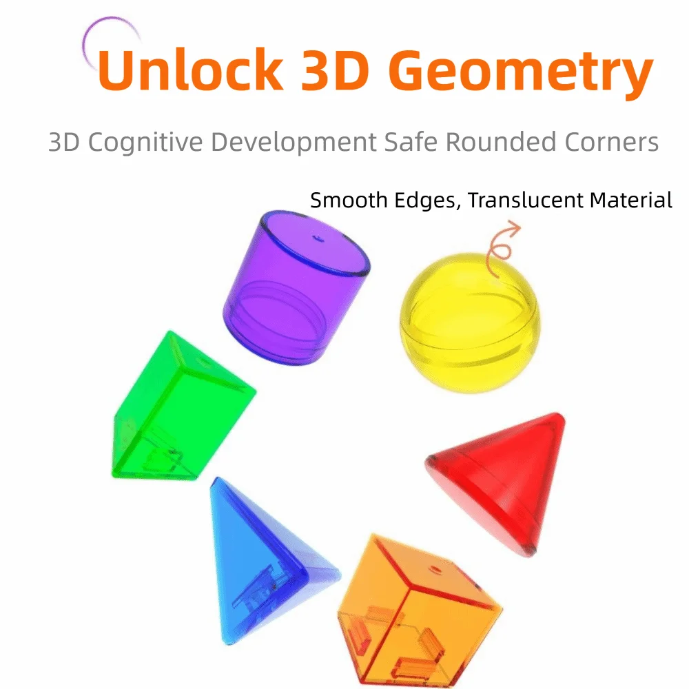 บล็อกเรขาคณิตพลาสติกสีสันสดใสแบบโปร่งแสง 3 มิติ สำหรับการเรียนรู้แบบมอนเตสซอรี่  ของเล่นเสริมพัฒนาการเด็กเล็ก  ทรัพยากรการศึกษา
