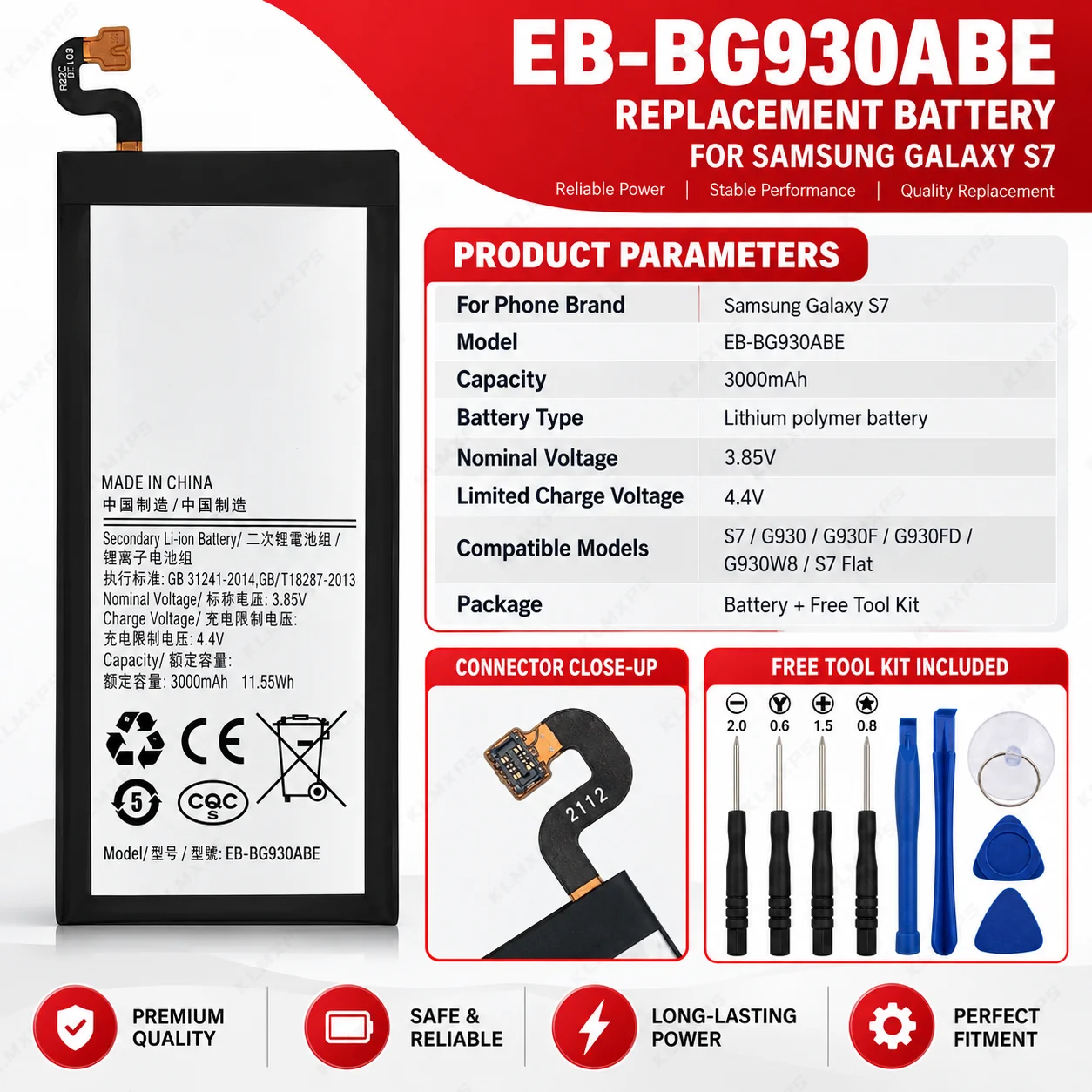 Replacement Battery EB-BG930ABE 3000mAh for Samsung Galaxy S7 SM-G930F G930FD G930 G930A G930V/T G9300 with Tools